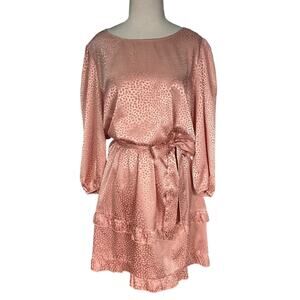 TACERA Blush Satin Jacquard Dress Romantic Balloon Sleeve Ruffle Hem Mini Size L